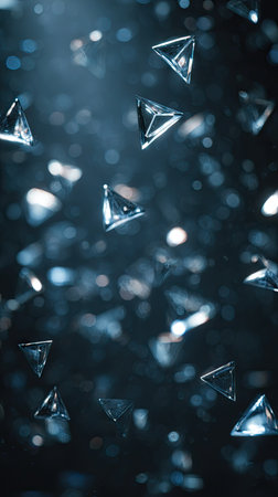 Numerous triangular shapes float in a dark environment with blurred light particles. The composition uses cool blue and silver tones, creating a futuristic, possibly digital aesthetic. The design could be suitable for various applications, including website backgrounds and creative illustrations.の素材