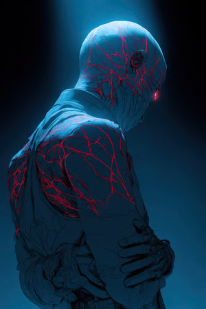 An artistic figure is presented in a deep blue illuminated environment. The figure is covered in a uniform material with red patterns across the surface. The image exhibits high contrast with an emphasis on texture and form. This creative visual can be suitable for various editorial and conceptual applications.の素材