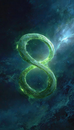 A luminous green infinity symbol dominates the visual field, its form suggesting a water-like texture. It floats against a backdrop of swirling blues and greens, evoking a nebulous, celestial environment. The composition utilizes a digital style with soft lighting and a focus on form. Suitable for conceptual illustrations, graphic design, and various creative projects.の素材