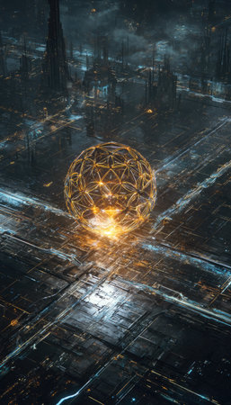 A glowing sphere dominates the scene, set within a futuristic cityscape. The image showcases a digital art style with metallic textures and dark, cool tones contrasted by bright orange illumination. This complex composition could be used for science fiction, technology, or abstract concept illustrations.の素材