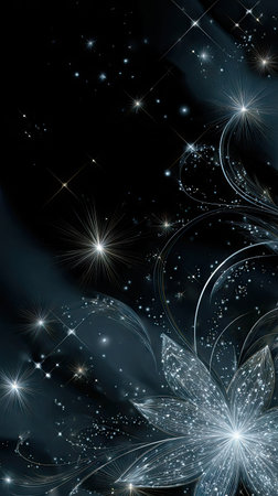 An artistic composition features a floral design with star-like elements set against a dark backdrop. The image utilizes gradients of blue and white, creating a sense of depth and luminosity. The abstract aesthetic suits various creative projects, including digital art, presentations, and print media.の素材