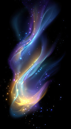 An illustration depicts flowing energy or a similar abstract concept, rendered in a blend of blue, purple, and gold hues. The composition suggests movement, with smooth, curving lines and sparkling particles. Suitable for design projects, this imagery could enhance various creative endeavors.の素材