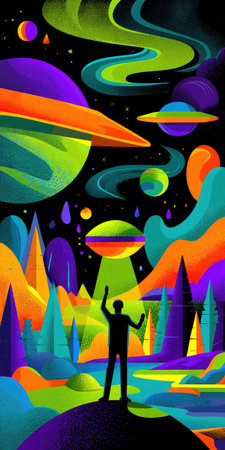 An illustration depicts a person looking up towards unidentified flying objects. The scene showcases a vibrant color palette of green, purple, and orange. The artwork is characterized by a stylized approach with bright colors, suggestive of a surreal or sci-fi environment. This image could be used for various design projects.の素材