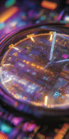 An artistic rendering presents a wristwatch face, its surface displaying circuit board designs. Dominant hues of purple, orange, and teal create a vibrant, abstract composition. The visual style suggests a futuristic or technological context. Suitable for various editorial and commercial applications.の素材