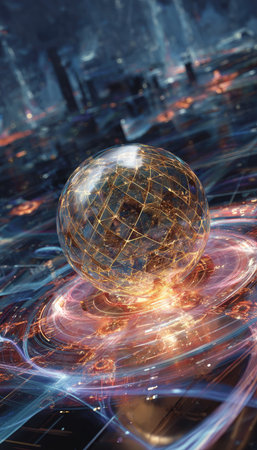 A translucent sphere with a network pattern floats above swirling, colorful energy fields. The artwork showcases a dynamic composition with rich blue, orange, and gold tones. Intricate details and light effects suggest technological or conceptual themes, ideal for creative projects or editorial use.の素材