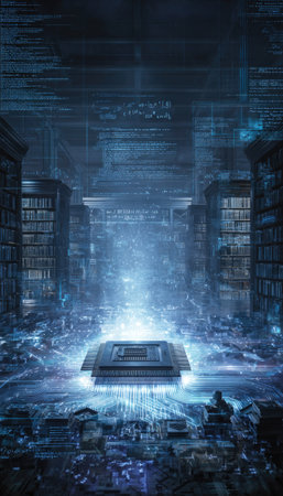 An artistic digital rendering depicts a central computer chip radiating light within a library setting. The scene features multiple bookshelves, bathed in cool blue tones, suggestive of a data processing environment. The image uses a high-tech style with a focus on light and shadow. Suitable for illustrating technology, data, or education.の素材