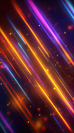 This image features a vibrant display of colorful light trails against a dark backdrop. Diagonal streaks of orange, purple, and blue create a dynamic, energetic composition. The artwork utilizes a modern, digital art style with soft gradients and a sense of movement, suitable for a range of commercial applications.の素材