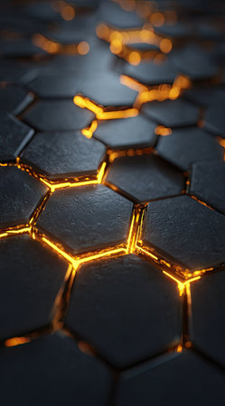 An artistic close-up reveals a honeycomb design composed of hexagonal tiles. The dark gray elements are accented by vibrant orange illumination. The image showcases a modern aesthetic with detailed textures and lighting, suitable for design and conceptual applications. The perspective provides depth and visual appeal.の素材