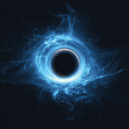 An artistic representation shows a black hole in a deep space environment. The image features dynamic, blue-hued energy formations around a central dark area. This design evokes the vastness of the cosmos and could be used for various commercial projects and editorial content.の素材