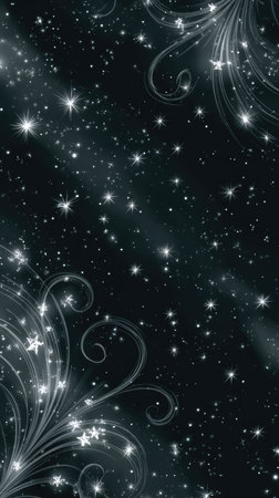 This image presents an abstract design featuring a dark background speckled with numerous bright stars. Delicate, stylized floral elements in a lighter hue adorn the edges, creating a contrast. The composition utilizes gradients of color to enhance the depth. This artwork could be suitable for various design projects.の素材