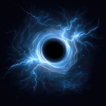 An abstract illustration depicts a dark central portal surrounded by radiant blue energy. The image showcases dynamic lines and textures, possibly representing cosmic phenomena or advanced technology. Suitable for various applications, it offers a visually appealing concept for scientific, artistic, and futuristic themes. The composition could be used for editorial and commercial design.の素材