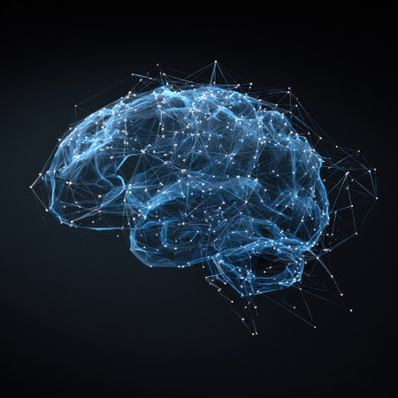 This image depicts a luminous, digitally rendered human brain overlaid with a network of interconnected nodes and lines. The artwork features a cool color palette with prominent blues and whites against a dark background. This visual concept represents the complexities of thought, innovation and technology and is suitable for various applications.の素材