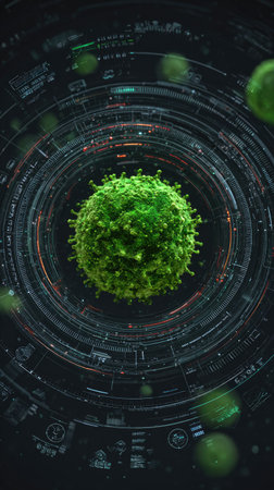 An abstract image presents a vibrant green sphere centrally positioned against a dark backdrop. The sphere is detailed, with a textured surface, surrounded by concentric, technological rings. The scene is illuminated, suggesting a digital or conceptual environment. This image is suitable for various commercial or scientific applications.の素材