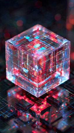 A translucent glass cube exhibits an intricate circuit board design and emits vibrant red and blue light patterns. The image shows a close-up with shallow depth of field, emphasizing the glowing internal structures against a blurred background. This digital art piece could be useful for illustrating technology or abstract concepts.の素材