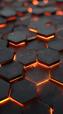 This image features a detailed close-up of a honeycomb-like design. The hexagonal tiles are primarily dark with vibrant orange highlights emanating from the spaces between. The textured surface and shallow depth of field create a dynamic effect, possibly suitable for various design applications and commercial uses.の素材