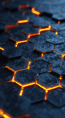 This image showcases a close-up view of a hexagonal structure with an abstract design. The pattern features a dark blue surface contrasted by glowing orange lines. The composition uses a shallow depth of field, emphasizing the geometric detail. It could be used for various commercial projects and editorial content.の素材