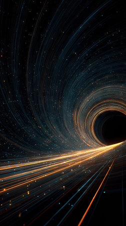 An abstract digital artwork presents dynamic light trails curving against a deep black backdrop. Orange and blue hues create a sense of movement. The composition suggests motion and energy in a cosmic or technological setting. Suitable for various design applications, including commercial and editorial use.の素材