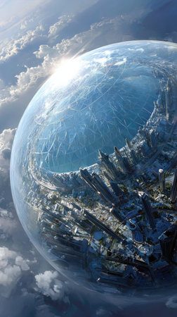 An artistic rendering presents a transparent planet with a crystalline structure partially exposed, set against a backdrop of clouds and sunlight. The color palette includes blues and whites, with a focus on texture and light. This conceptual artwork is suitable for use in various commercial and editorial contexts.の素材
