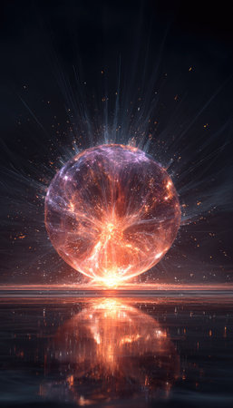 An illustration depicts a luminous energy sphere radiating bright light. The image showcases a dark background contrasted by the colorful sphere, mirrored in a reflective surface. The composition uses dynamic lighting and textures. Ideal for conceptual design and visual projects, this image could serve commercial purposes.の素材