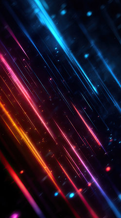 Abstract composition features diagonal streaks of light in vibrant colors of orange, red, and blue. The artwork showcases a digital aesthetic with dynamic motion and a dark background. This image can be applied to technology or design projects with commercial or editorial applications.の素材