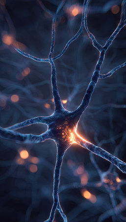 This detailed illustration depicts a nerve cell with radiating dendrites and a central body. The artwork features a dark blue and orange color palette, highlighting the intricate structure. The image evokes a sense of complexity and scientific exploration, suitable for use in educational materials and scientific publications.の素材