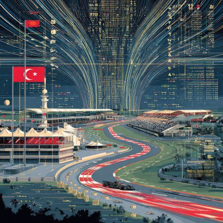 An illustration depicts a race track with a car, integrated with flowing lines suggesting technology and data. The artwork uses a vibrant color palette with highlights and shadows, presenting a dynamic composition. The setting appears to be outdoors, potentially day, hinting at speed, innovation, and futuristic concepts, suitable for editorial or promotional content.の素材