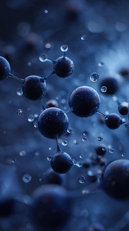 This image features a detailed, abstract representation of a molecular structure, rendered in shades of dark blue. Tiny water droplets are scattered around the spheres. The composition uses a shallow depth of field, with soft focus on the background. This could be used for scientific articles and educational materials.の素材