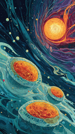 An abstract illustration presents a vivid cosmic scene with swirling patterns and celestial bodies. The composition utilizes a palette of blues, oranges, and purples, creating a dynamic visual flow. The textures and brushstrokes evoke a sense of energy and movement. Suitable for a range of creative and commercial applications.の素材