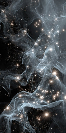 An artistic composition features swirling nebulas of smoke-like formations with embedded glowing stars, creating a celestial effect. The image is characterized by a dark background with light and airy textures, soft lighting, and a dreamy ambiance. Suitable for science, fantasy, and artistic projects.の素材