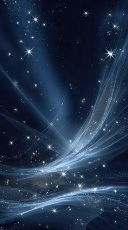 An abstract illustration presents a celestial scene with numerous sparkling stars against a dark blue backdrop. Wispy, glowing nebulas create dynamic patterns, with beams of light piercing through. The overall composition evokes a sense of wonder and vastness suitable for various commercial projects and editorial content.の素材