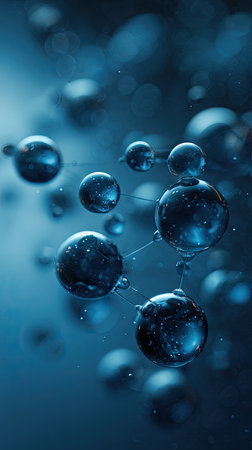 This image features a microscopic view of a molecular structure, rendered in shades of blue. The composition is defined by interconnected spheres, creating an intricate network. The lighting suggests a futuristic aesthetic with a depth of field. This visual could be used for scientific articles or design projects.の素材
