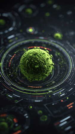 An artistic illustration presents a green spherical object surrounded by circular technological patterns. The composition displays vibrant green and dark hues, with glowing accents. The digital artwork evokes a futuristic and scientific theme. Suitable for projects requiring a modern, technological, or abstract visual element.の素材