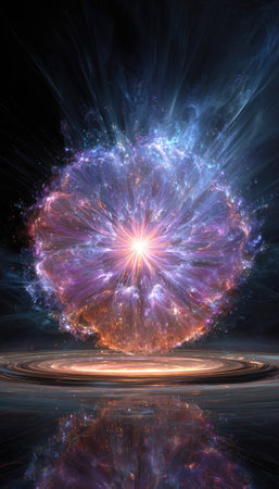 An abstract digital illustration depicts a vibrant, swirling cosmic explosion. The image showcases a bright central star surrounded by an ethereal cloud of purple, blue, and orange hues. The style suggests a futuristic or scientific theme, with potential applications in conceptual art, design, or educational resources.の素材