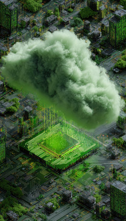 An artistic depiction presents a green cloud hovering over a glowing circuit board. The digital composition features geometric buildings and pathways, all rendered in shades of green. Overhead lighting casts shadows, highlighting the textured elements, ideal for conceptual designs, technology editorials or innovative advertising.の素材