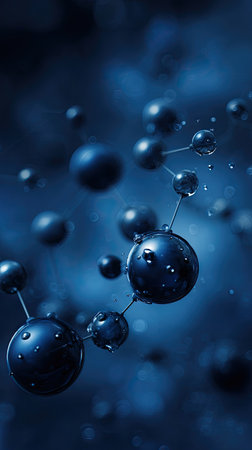 An image showcases a molecular structure composed of spheres connected by lines, rendered in deep blue tones. The composition features water droplets, enhancing the visual effect. The lighting suggests a studio environment. This image is suitable for scientific illustrations, educational materials, and conceptual design projects.の素材