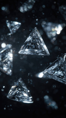 This image presents several crystalline triangular shapes suspended against a dark backdrop. The composition features a sense of depth and dimensionality created by scattered light and particles. Its reflective surfaces and precise angles suggest a modern or artistic style, with potential uses in design or conceptual projects.の素材
