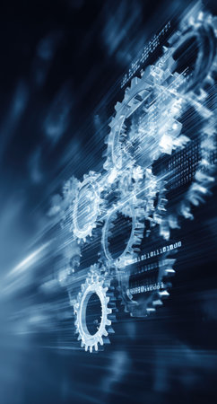 An image displays several interconnected gears rendered with a digital artistic effect. The dominant color is blue, with an emphasis on motion and technological structures. This dynamic scene could be utilized for presentations related to innovation, systems, or digital infrastructure and related purposes.の素材