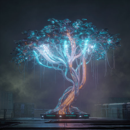 An illuminated tree dominates the scene, featuring glowing branches and a futuristic design. The image showcases vibrant blue and orange hues, set against a dark, atmospheric environment. The composition utilizes low-angle lighting, creating a stylized and visually striking effect, suitable for various creative or artistic projects.の素材