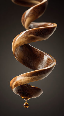 An artistic spiral form is captured against a dark backdrop. The structure showcases a rich brown hue with variations in texture. A small droplet forms at the bottom, adding an element of intrigue. This image is suitable for various commercial applications, including design or illustrative purposes.の素材