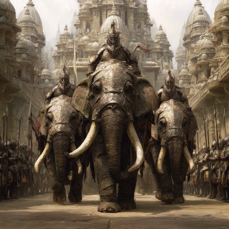 An illustration depicts war elephants led by armored riders, marching through a detailed city. The artwork features a complex composition with numerous figures, emphasizing the imposing size of the elephants. The color palette includes earth tones, contributing to a sense of antiquity. This image could be used for historical or fantasy-themed projects.の素材