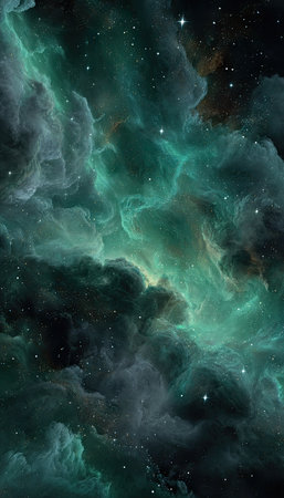 An artistic depiction showcases a cosmic nebula in deep space. The image features swirling cloud formations in shades of green and dark hues. The composition includes points of light suggesting stars. This vibrant and ethereal scene is suitable for digital art, scientific illustrations, or other creative projects.の素材