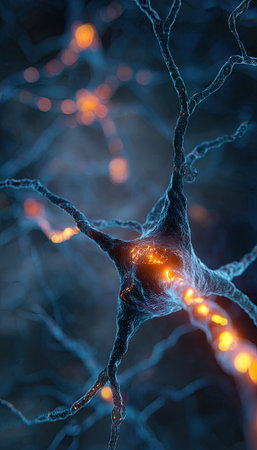 An artistic representation showcases a neuron with detailed branches, highlighted by bright orange glowing pathways. The image features a shallow depth of field, with a dark blue background providing contrast. The style suggests a digital illustration intended for scientific or educational uses.の素材