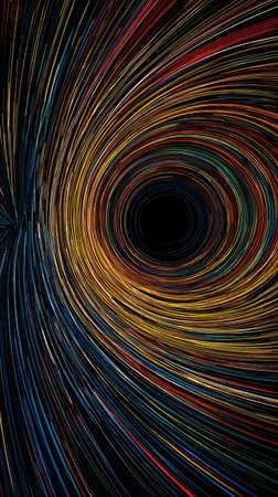 An abstract composition features numerous lines of varied colors, creating a dynamic circular motion. The central point is dark, emphasizing the energetic swirl. The image uses vibrant hues, showcasing the artistic and visual appeal suitable for various creative applications. It is a visually stimulating design that can be used for commercial projects.の素材