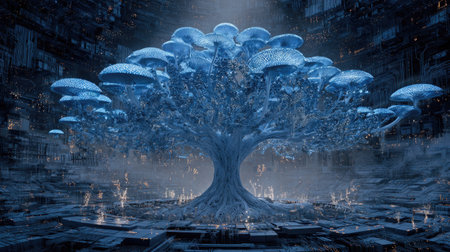 An artistic representation features a tree with blue, mushroom-like leaves set in a dimly lit, geometric environment. The image uses a cool color palette with soft textures and atmospheric lighting. This conceptual artwork could be utilized for various commercial purposes, including website design or editorial illustrations.の素材