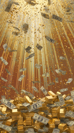 This image presents a conceptual composition featuring falling money and gold bars, illuminated by beams of golden light. The high-angle perspective and rich color palette emphasize wealth and prosperity. The visual could be suitable for illustrations on financial success, economic themes, or business presentations.の素材