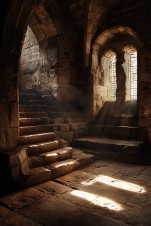 An interior shot features a stone staircase illuminated by beams of sunlight filtering through arched windows. The scene showcases textures of aged stone and the interplay of light and shadow, creating a dramatic atmosphere. This image might be suitable for editorial features or historical-themed marketing materials, among other applications.の素材