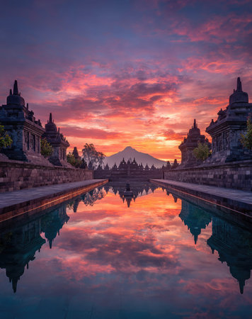 An aerial perspective showcases an ancient stone temple complex reflecting perfectly in still water. The sky explodes with vibrant colors of pink and orange during the sunset, creating a dramatic backdrop. This symmetrical composition, featuring detailed architecture, could be suitable for travel, cultural, or historical illustrations.の素材