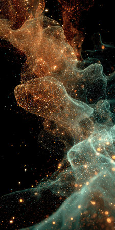 This image showcases abstract, flowing shapes with a dynamic composition. The scene features a blend of teal and gold hues, with luminous particles adding a celestial effect. The dark background creates a contrast, enhancing the visual impact. Suitable for commercial or conceptual projects.の素材