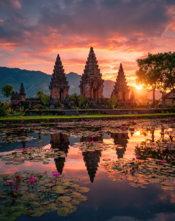 An ancient temple complex with striking spires is reflected in still water at dusk. The scene features warm colors, with an orange and pink sky. The composition emphasizes symmetry. This image could be used for travel, cultural, or historical publications.の素材