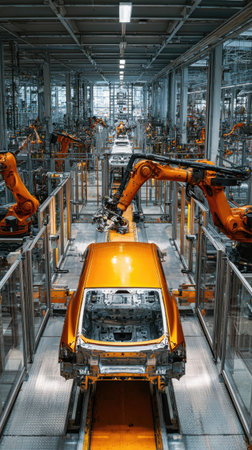 An automated car assembly line showcases a vehicle in progress. Robotic arms work on a partially constructed orange car shell. The setting is an industrial interior with bright overhead lighting. The composition and style suggest potential uses in commercial advertising, illustrating manufacturing, or related topics.の素材